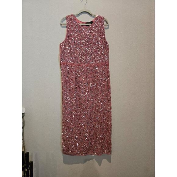 Mac Duggal Women's Pink Sequin Midi Sheath Dress Size 14 Formal Mother of Bride - Picture 1 of 13